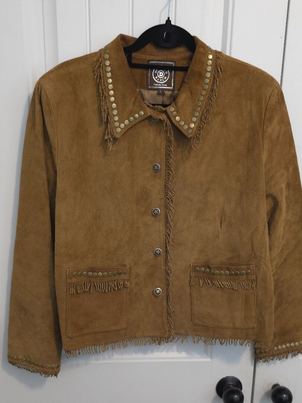 Double D Ranch Tan Brown Fringe & Studded Suede Leather Jacket - Woman's Size L - Picture 2 of 12